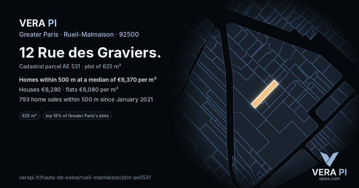 12 Rue des Graviers, Rueil-Malmaison at night – the plot lit, the parcels around coloured by the prices near them