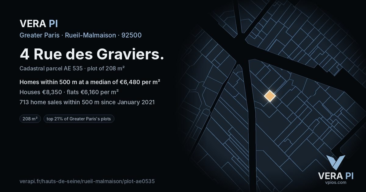 4 Rue des Graviers, Rueil-Malmaison at night – the plot lit, the parcels around coloured by the prices near them