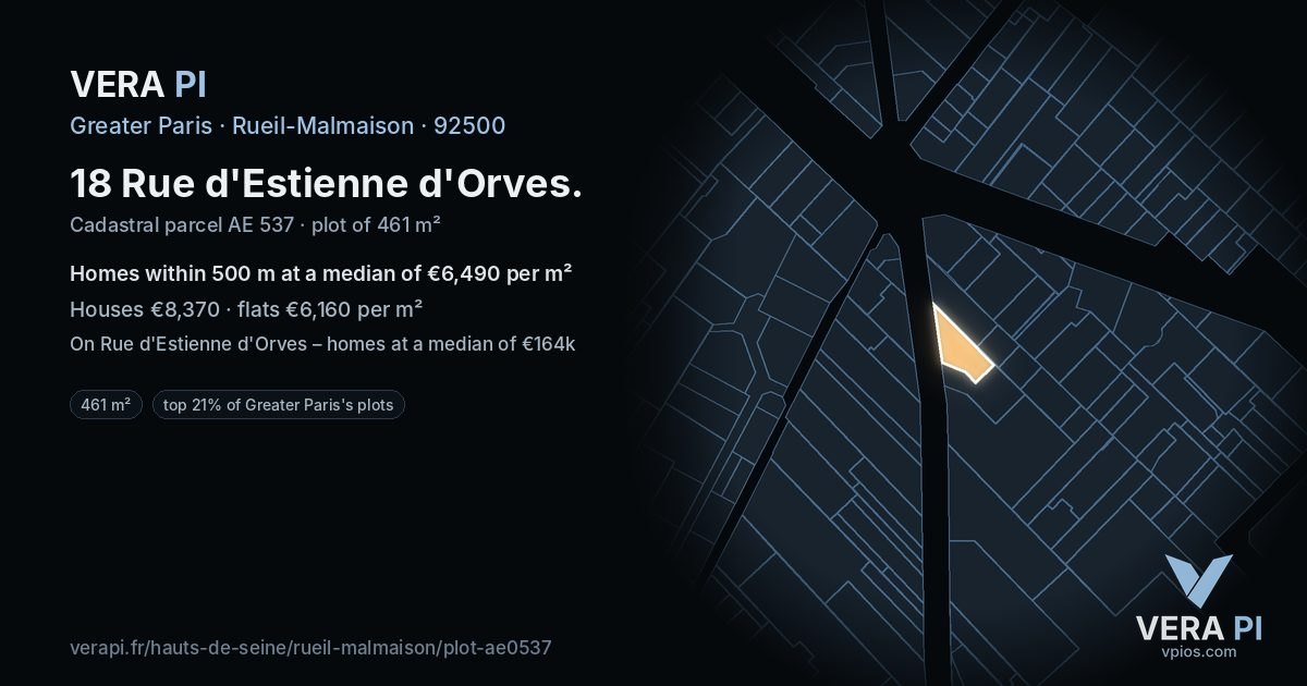 18 Rue d'Estienne d'Orves, Rueil-Malmaison at night – the plot lit, the parcels around coloured by the prices near them