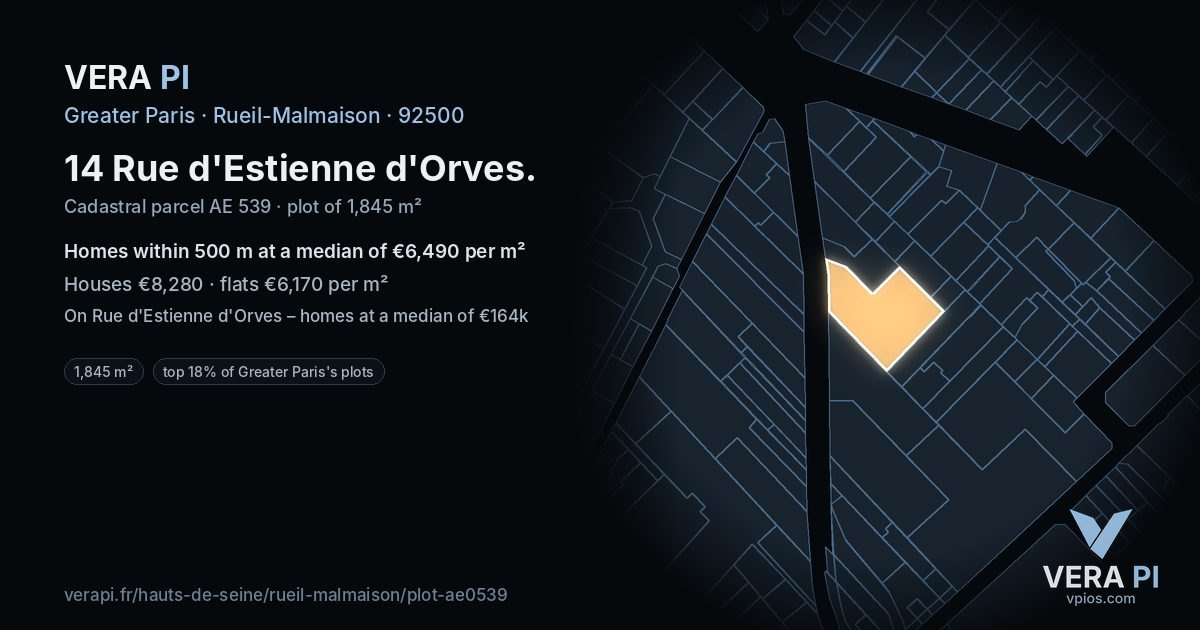 14 Rue d'Estienne d'Orves, Rueil-Malmaison at night – the plot lit, the parcels around coloured by the prices near them