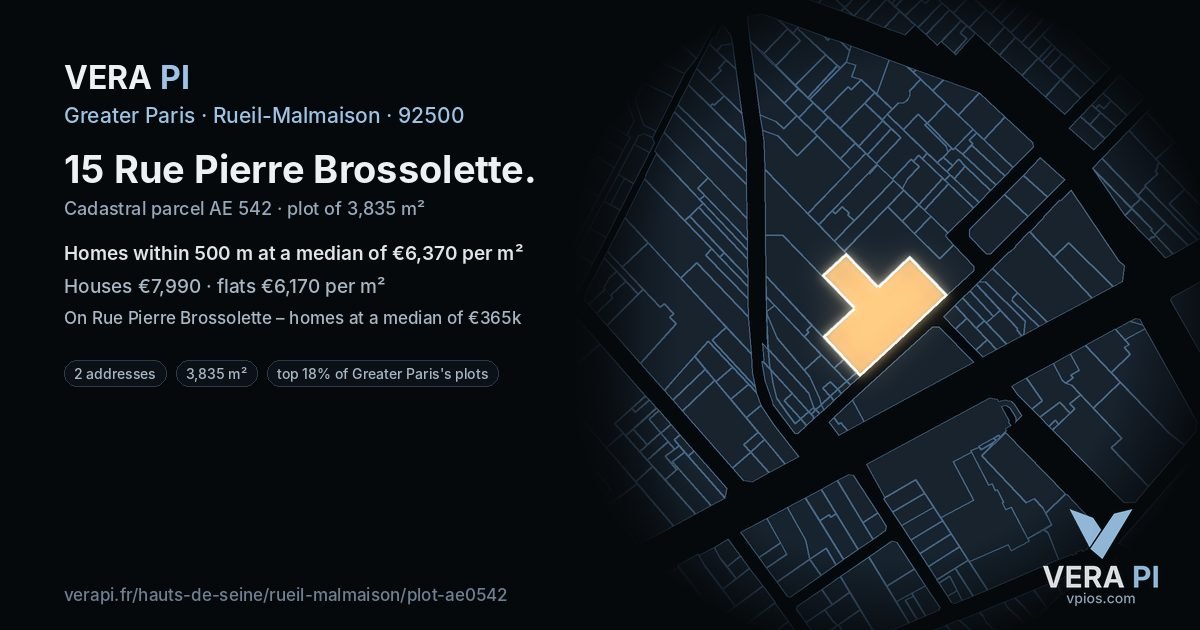 15 Rue Pierre Brossolette, Rueil-Malmaison at night – the plot lit, the parcels around coloured by the prices near them