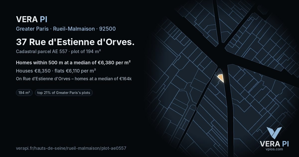 37 Rue d'Estienne d'Orves, Rueil-Malmaison at night – the plot lit, the parcels around coloured by the prices near them