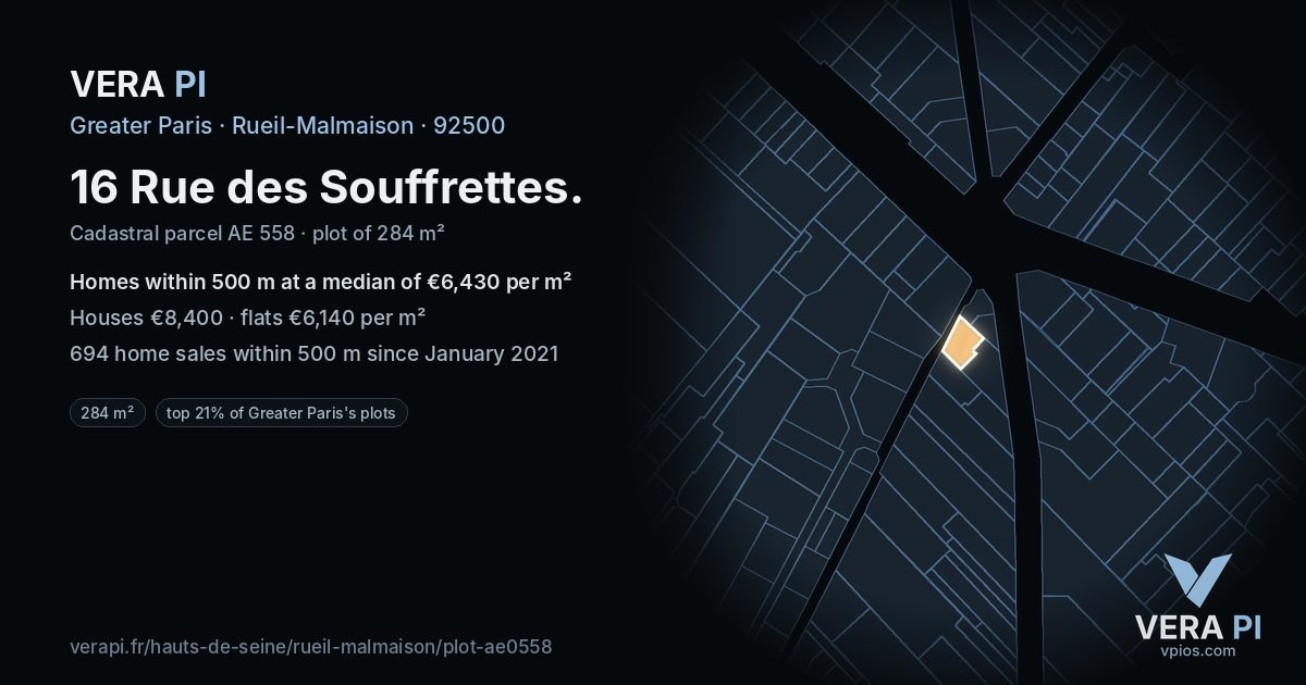16 Rue des Souffrettes, Rueil-Malmaison at night – the plot lit, the parcels around coloured by the prices near them