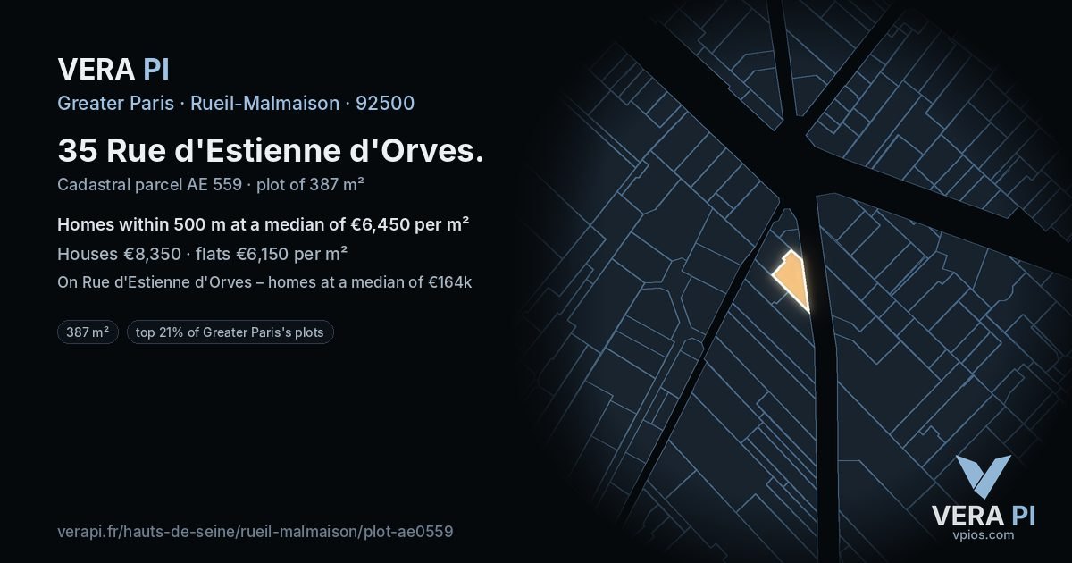 35 Rue d'Estienne d'Orves, Rueil-Malmaison at night – the plot lit, the parcels around coloured by the prices near them