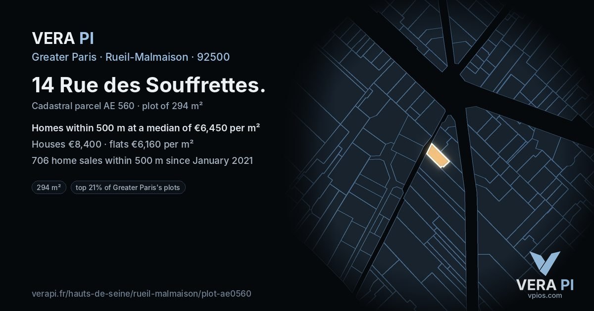 14 Rue des Souffrettes, Rueil-Malmaison at night – the plot lit, the parcels around coloured by the prices near them