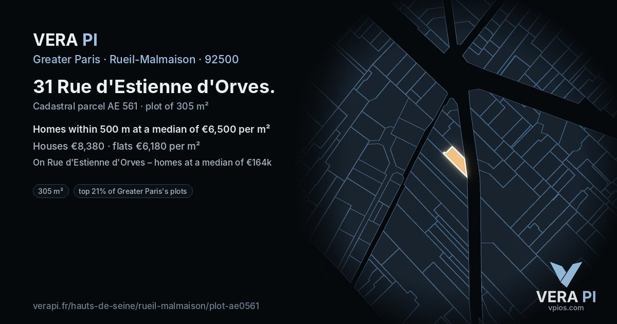 31 Rue d'Estienne d'Orves, Rueil-Malmaison at night – the plot lit, the parcels around coloured by the prices near them