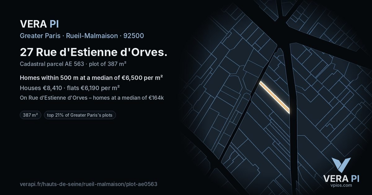 27 Rue d'Estienne d'Orves, Rueil-Malmaison at night – the plot lit, the parcels around coloured by the prices near them