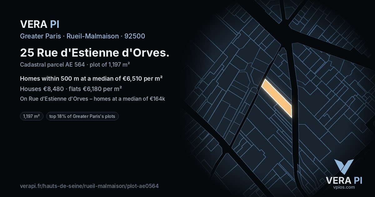 25 Rue d'Estienne d'Orves, Rueil-Malmaison at night – the plot lit, the parcels around coloured by the prices near them