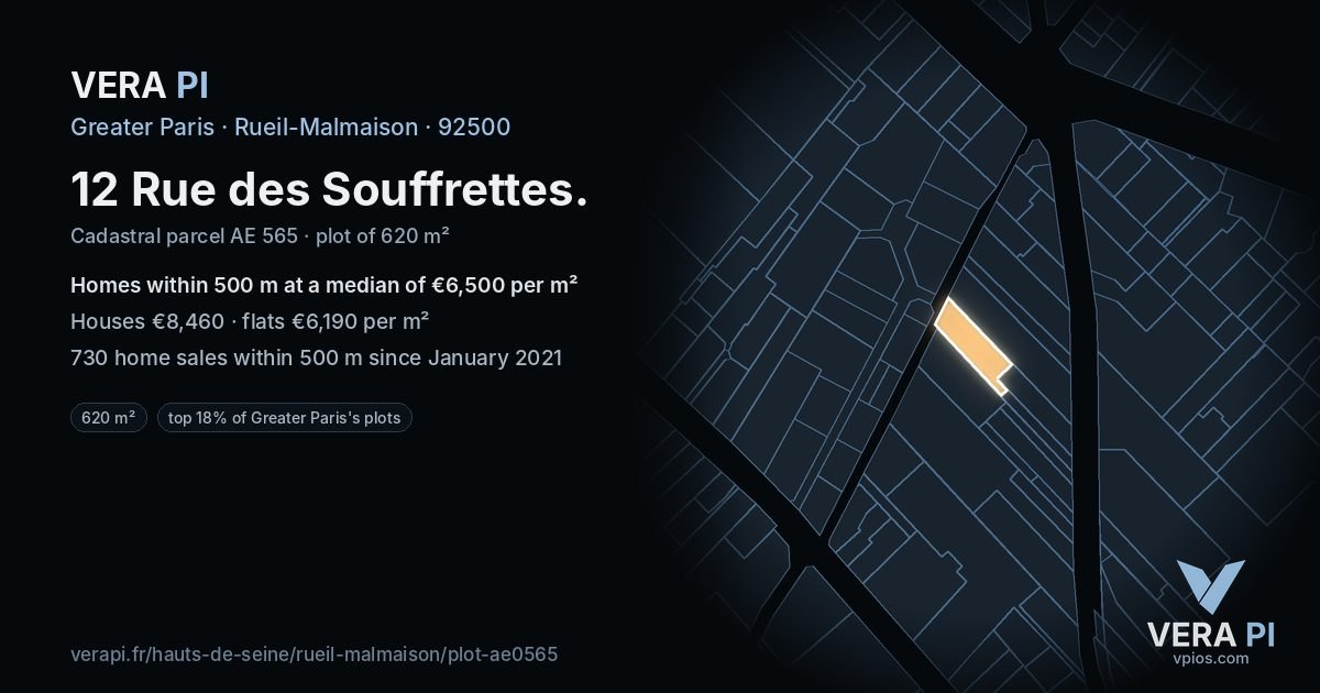 12 Rue des Souffrettes, Rueil-Malmaison at night – the plot lit, the parcels around coloured by the prices near them