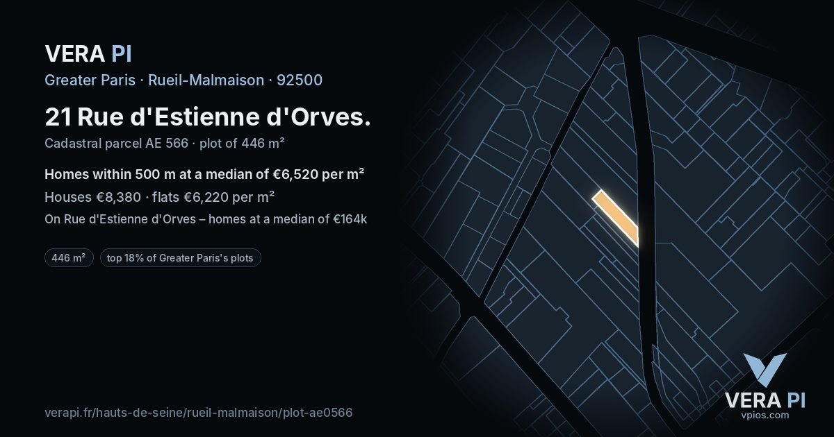 21 Rue d'Estienne d'Orves, Rueil-Malmaison at night – the plot lit, the parcels around coloured by the prices near them