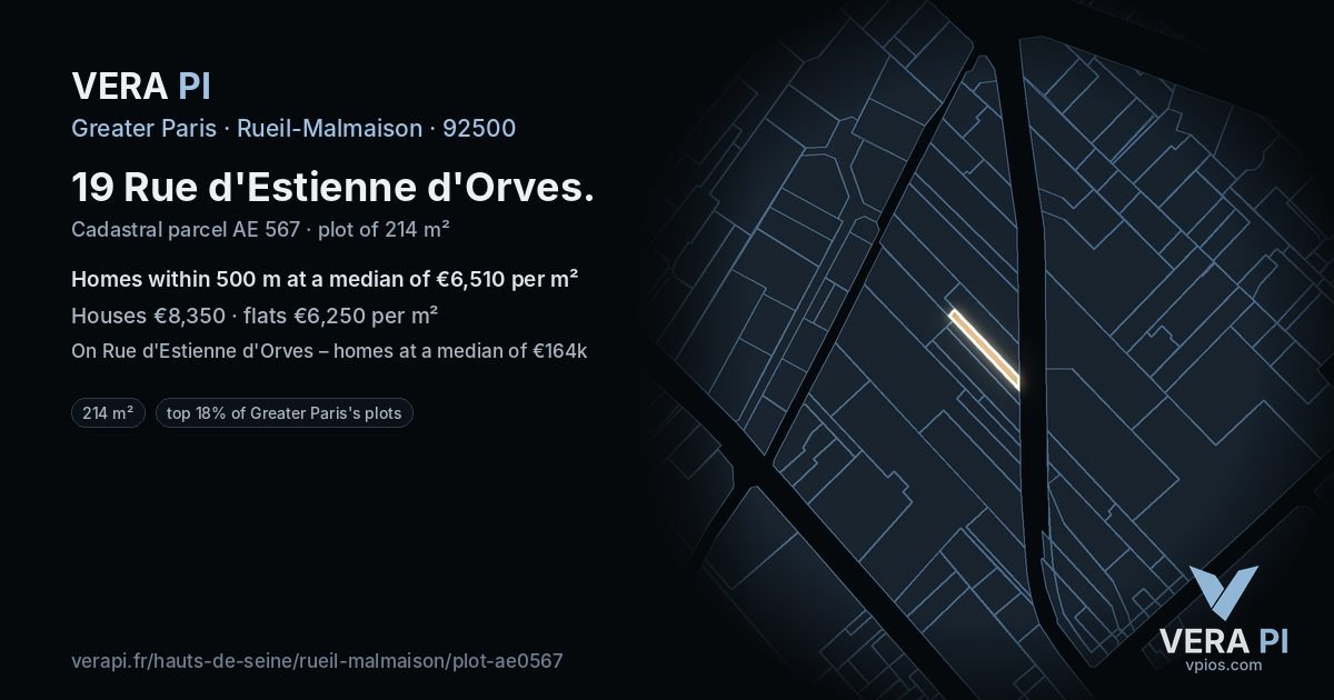 19 Rue d'Estienne d'Orves, Rueil-Malmaison at night – the plot lit, the parcels around coloured by the prices near them