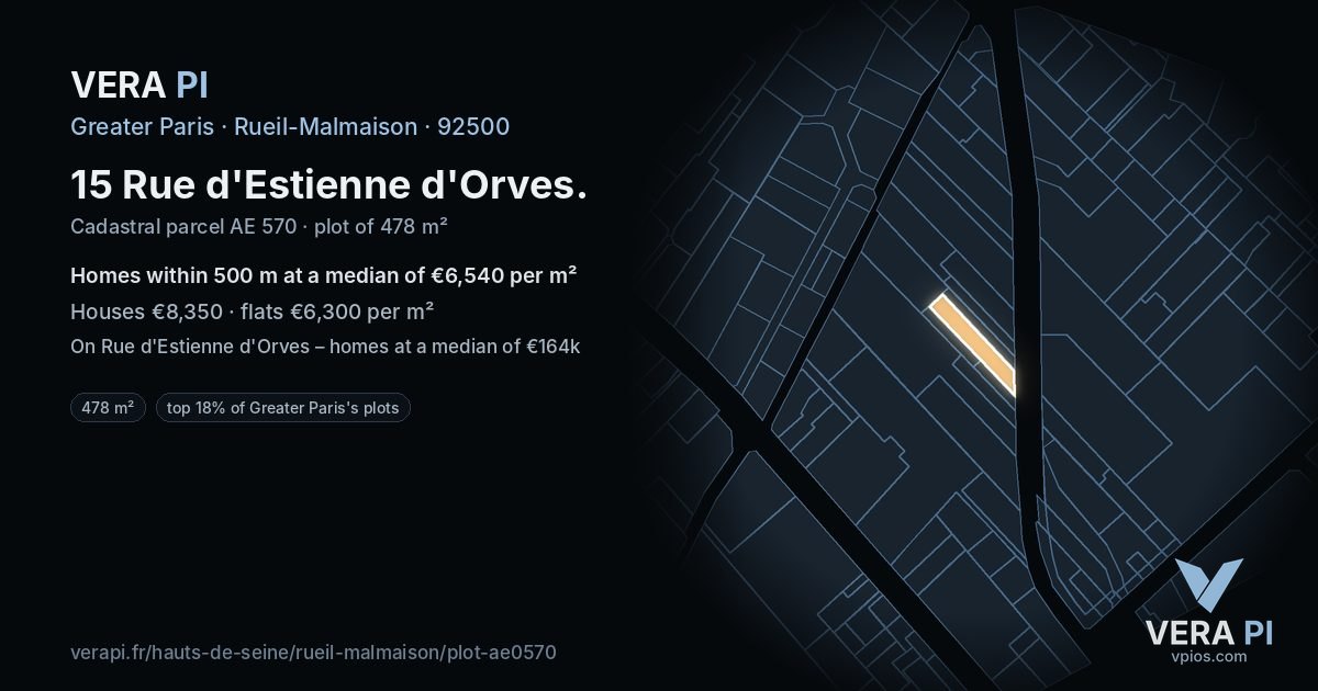 15 Rue d'Estienne d'Orves, Rueil-Malmaison at night – the plot lit, the parcels around coloured by the prices near them