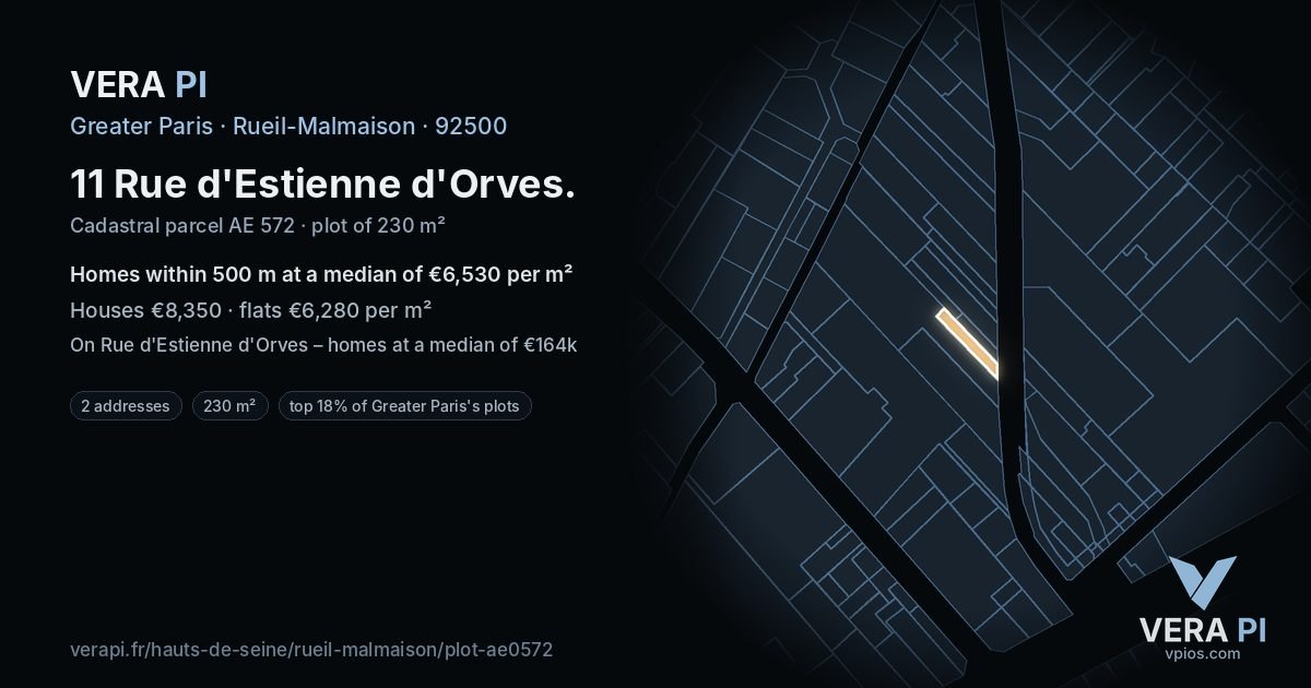 11 Rue d'Estienne d'Orves, Rueil-Malmaison at night – the plot lit, the parcels around coloured by the prices near them