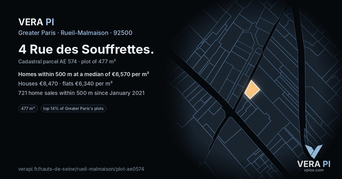 4 Rue des Souffrettes, Rueil-Malmaison at night – the plot lit, the parcels around coloured by the prices near them