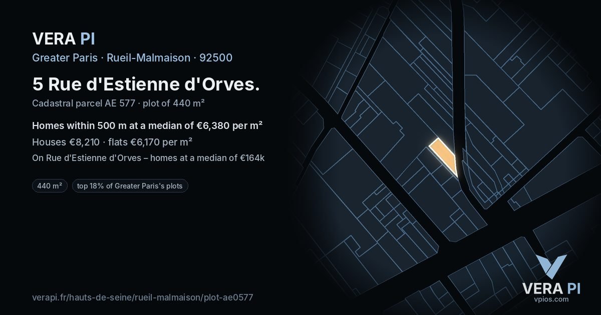 5 Rue d'Estienne d'Orves, Rueil-Malmaison at night – the plot lit, the parcels around coloured by the prices near them