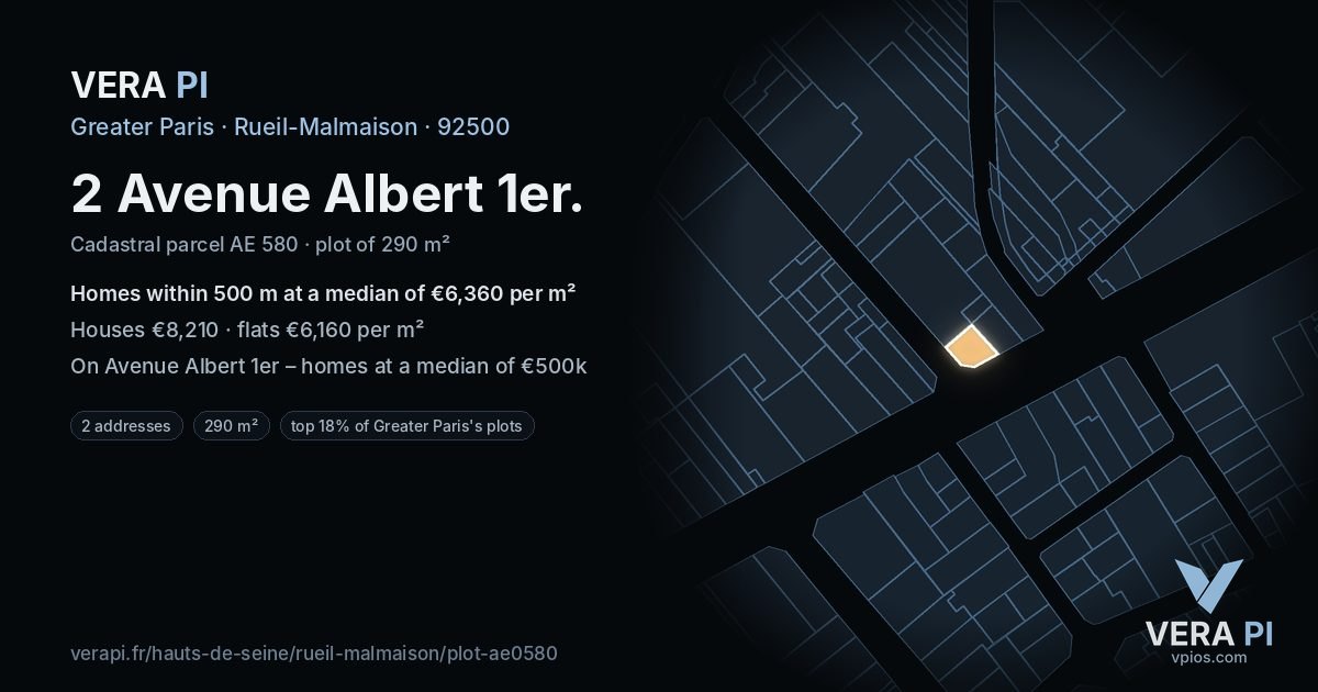 2 Avenue Albert 1er, Rueil-Malmaison at night – the plot lit, the parcels around coloured by the prices near them