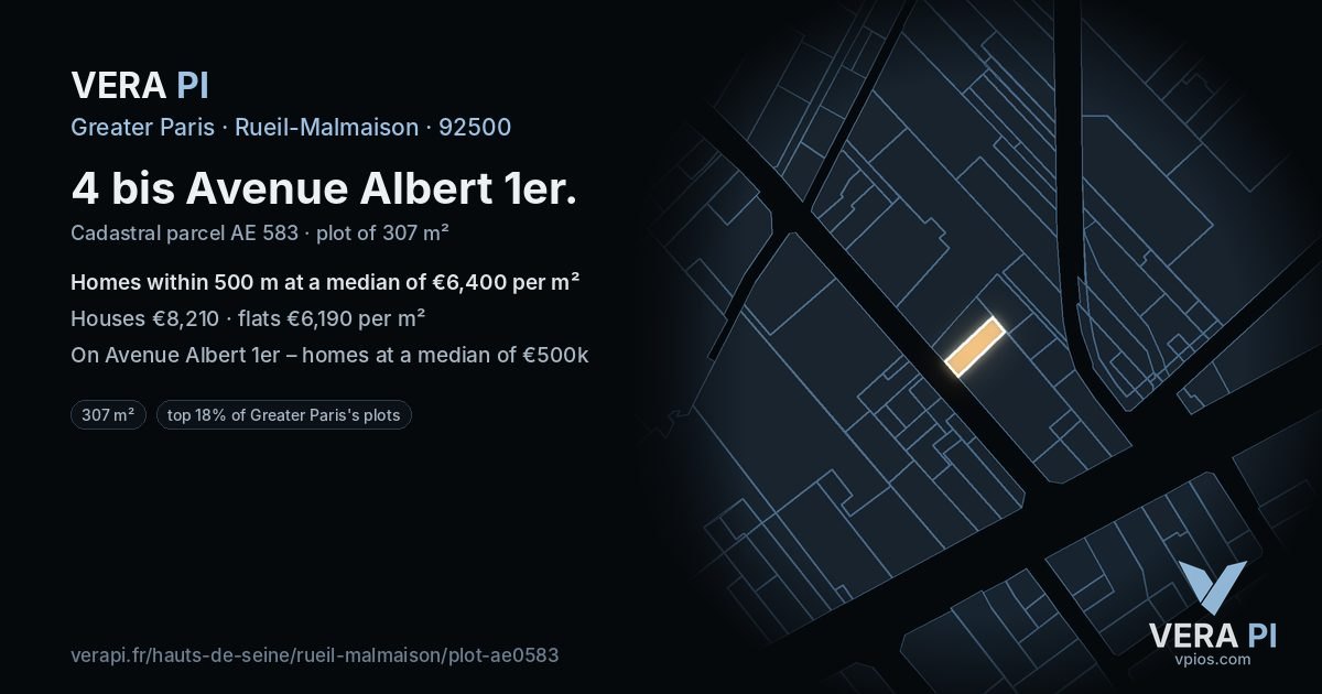 4 bis Avenue Albert 1er, Rueil-Malmaison at night – the plot lit, the parcels around coloured by the prices near them