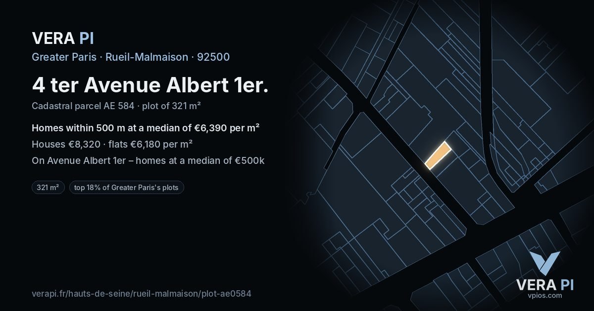 4 ter Avenue Albert 1er, Rueil-Malmaison at night – the plot lit, the parcels around coloured by the prices near them