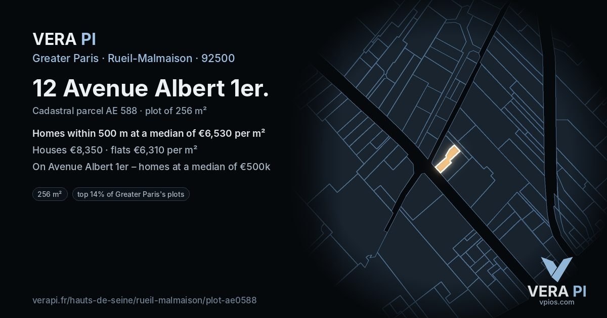 12 Avenue Albert 1er, Rueil-Malmaison at night – the plot lit, the parcels around coloured by the prices near them