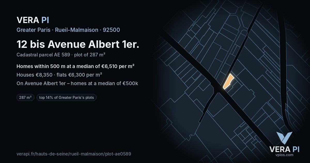 12 bis Avenue Albert 1er, Rueil-Malmaison at night – the plot lit, the parcels around coloured by the prices near them