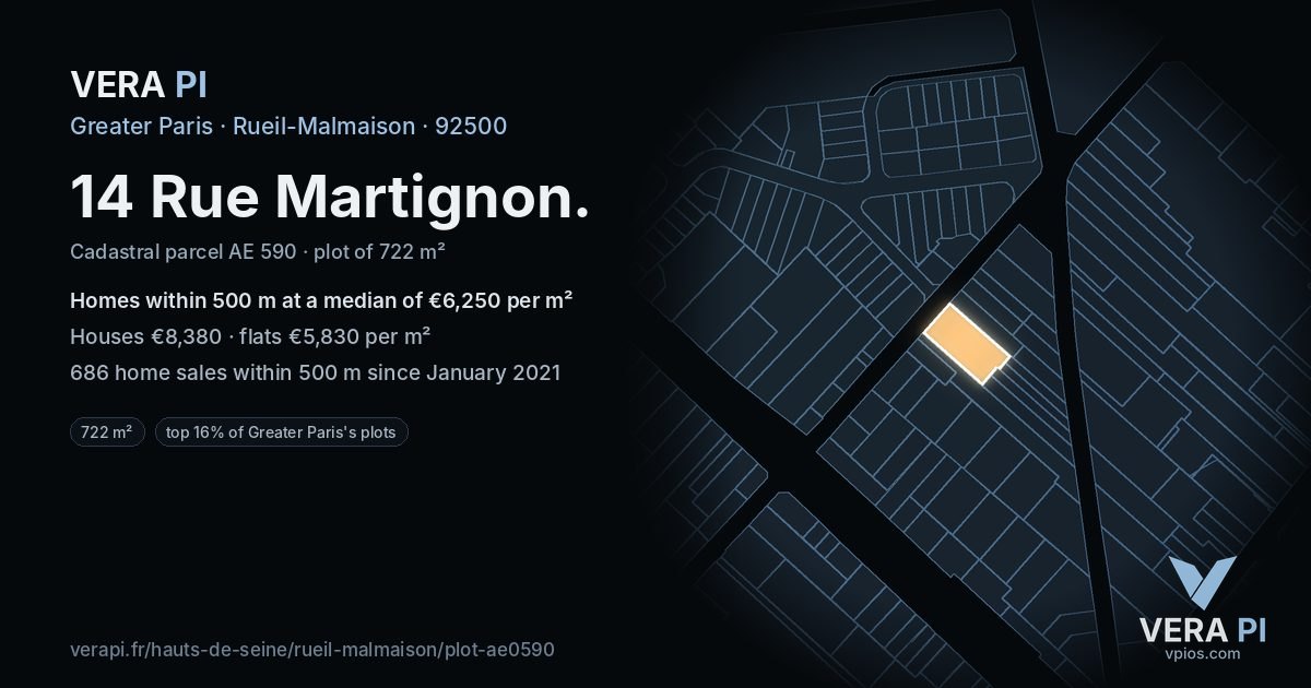14 Rue Martignon, Rueil-Malmaison at night – the plot lit, the parcels around coloured by the prices near them