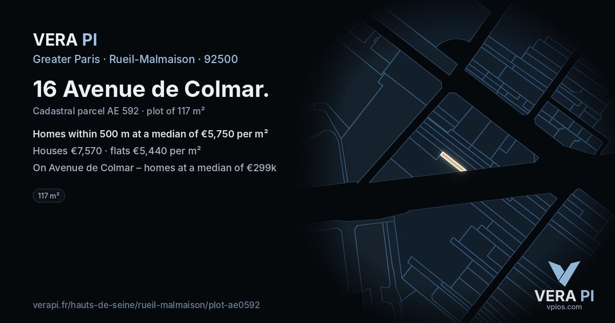 16 Avenue de Colmar, Rueil-Malmaison at night – the plot lit, the parcels around coloured by the prices near them