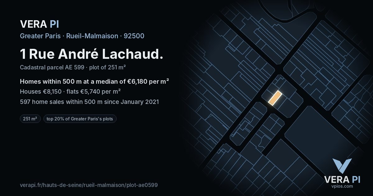1 Rue André Lachaud, Rueil-Malmaison at night – the plot lit, the parcels around coloured by the prices near them