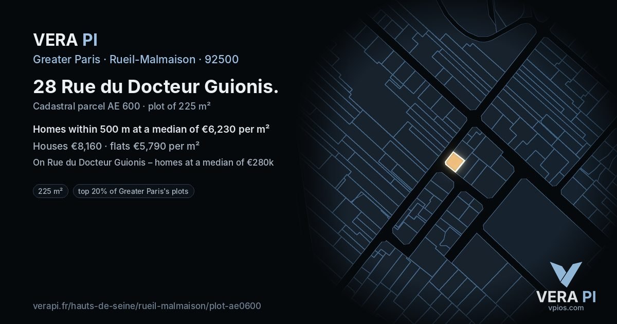 28 Rue du Docteur Guionis, Rueil-Malmaison at night – the plot lit, the parcels around coloured by the prices near them