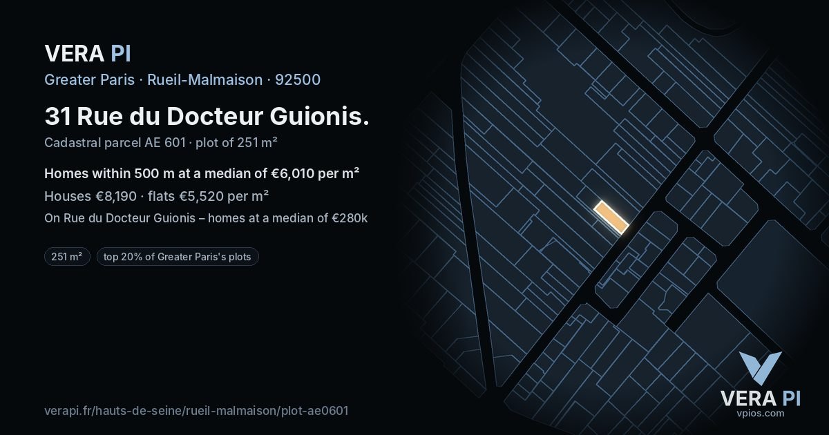 31 Rue du Docteur Guionis, Rueil-Malmaison at night – the plot lit, the parcels around coloured by the prices near them