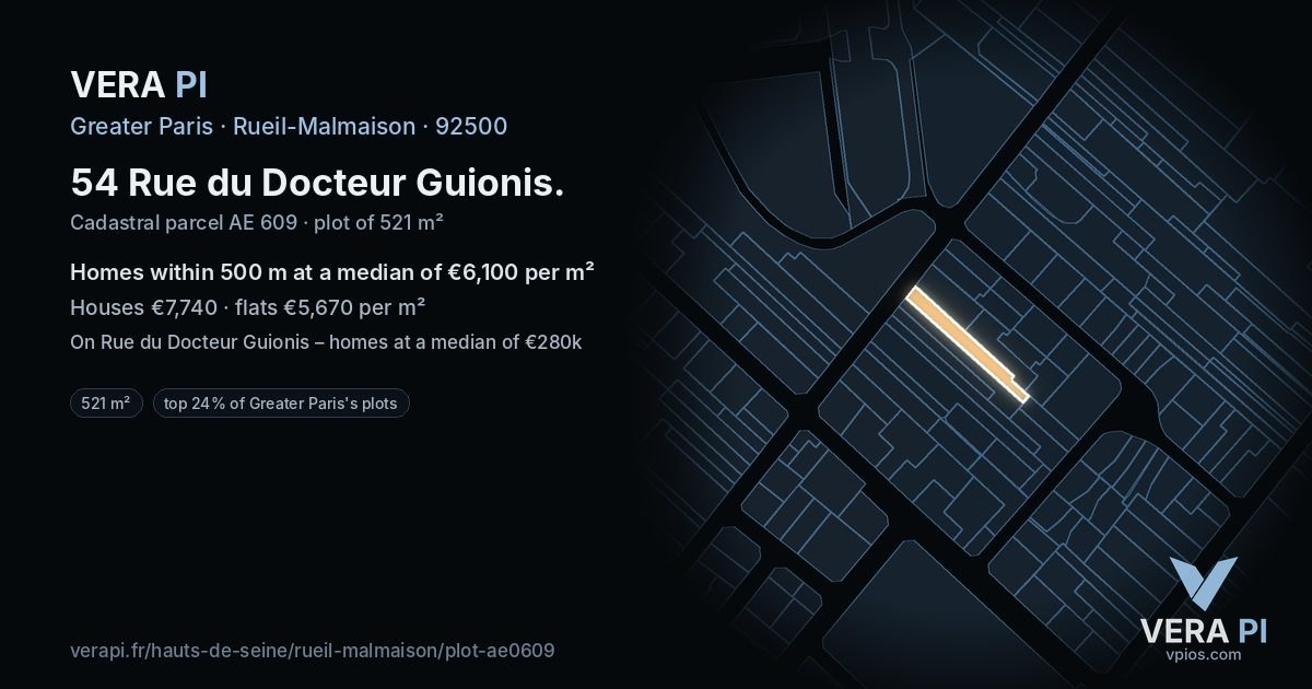 54 Rue du Docteur Guionis, Rueil-Malmaison at night – the plot lit, the parcels around coloured by the prices near them