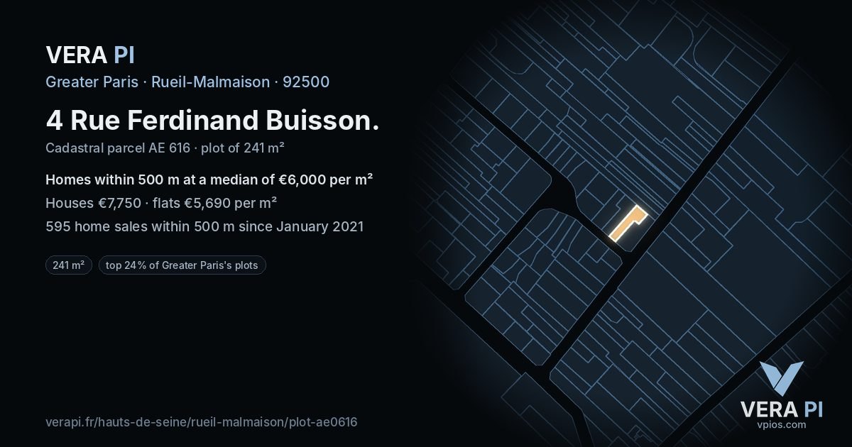 4 Rue Ferdinand Buisson, Rueil-Malmaison at night – the plot lit, the parcels around coloured by the prices near them
