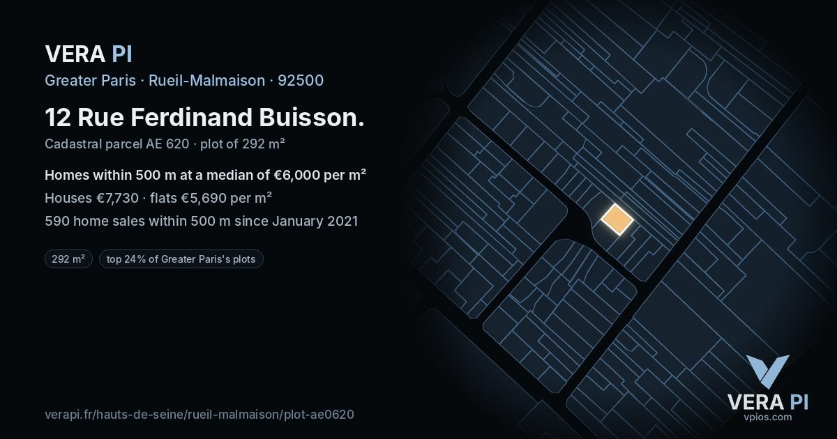 12 Rue Ferdinand Buisson, Rueil-Malmaison at night – the plot lit, the parcels around coloured by the prices near them
