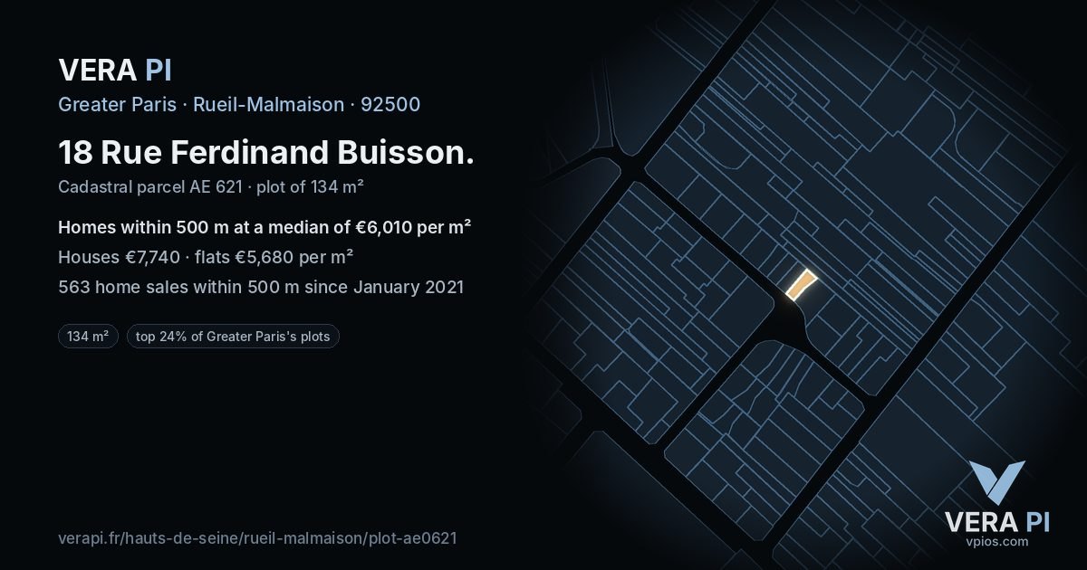 18 Rue Ferdinand Buisson, Rueil-Malmaison at night – the plot lit, the parcels around coloured by the prices near them