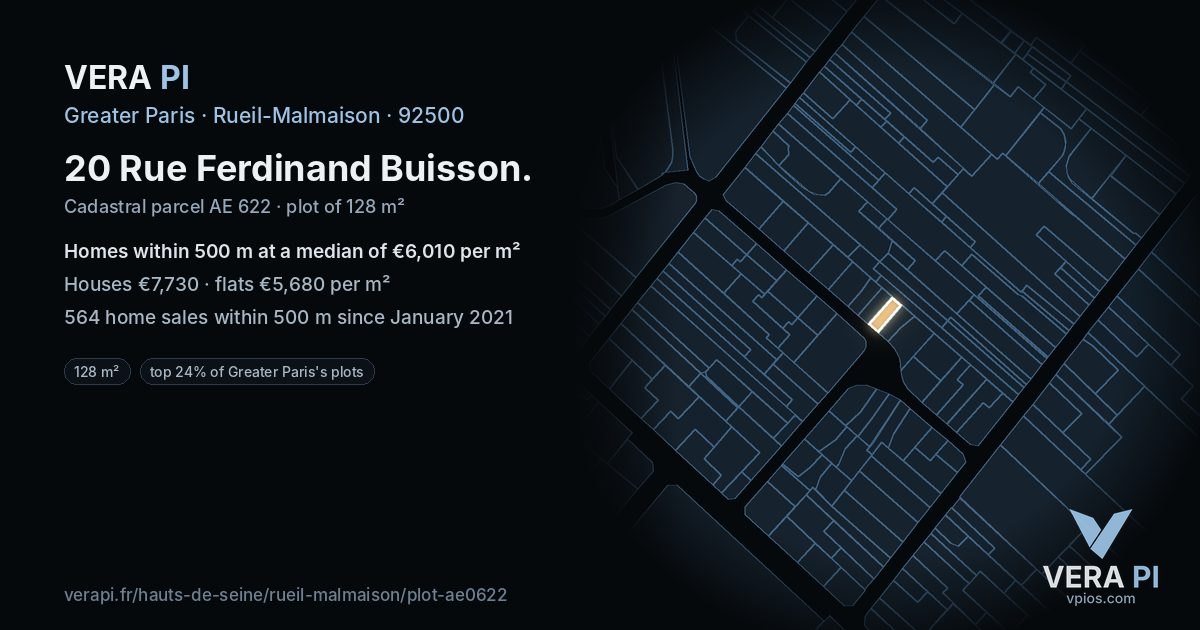 20 Rue Ferdinand Buisson, Rueil-Malmaison at night – the plot lit, the parcels around coloured by the prices near them