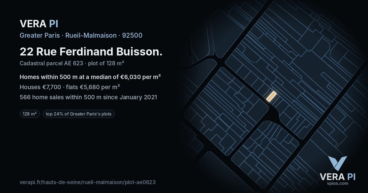 22 Rue Ferdinand Buisson, Rueil-Malmaison at night – the plot lit, the parcels around coloured by the prices near them