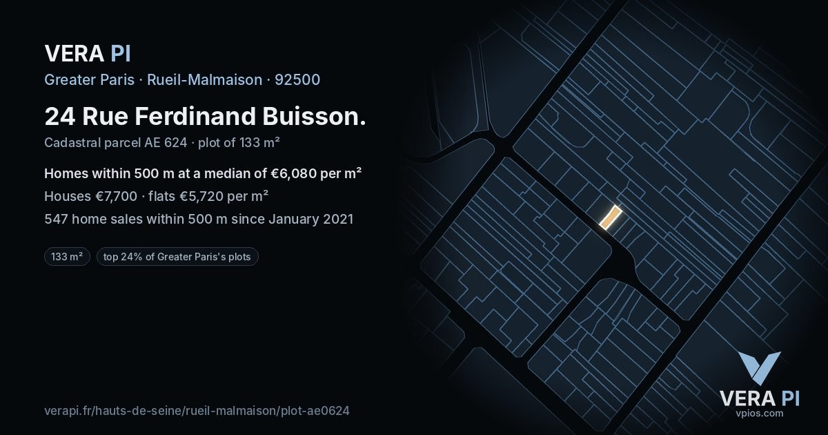 24 Rue Ferdinand Buisson, Rueil-Malmaison at night – the plot lit, the parcels around coloured by the prices near them