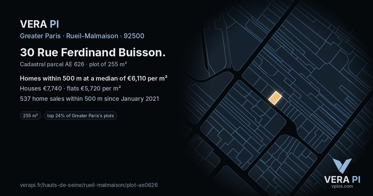 30 Rue Ferdinand Buisson, Rueil-Malmaison at night – the plot lit, the parcels around coloured by the prices near them