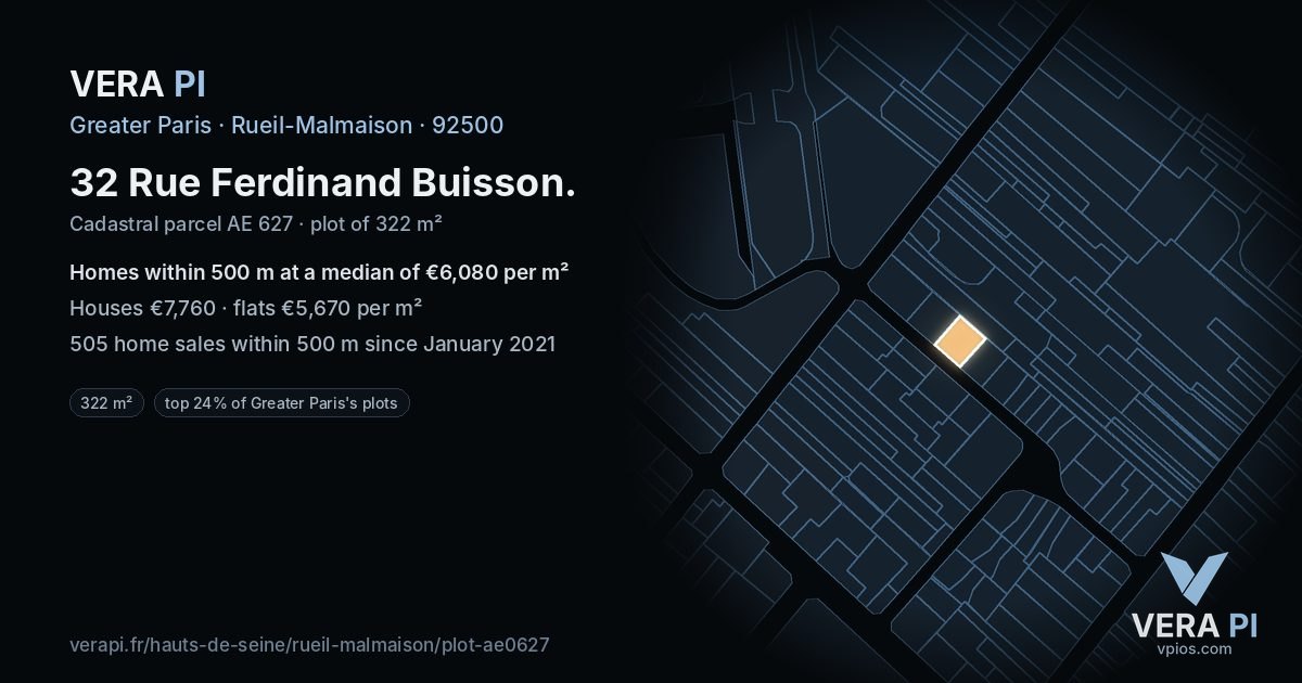 32 Rue Ferdinand Buisson, Rueil-Malmaison at night – the plot lit, the parcels around coloured by the prices near them