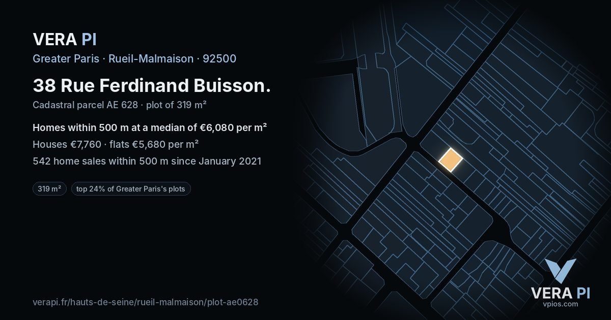 38 Rue Ferdinand Buisson, Rueil-Malmaison at night – the plot lit, the parcels around coloured by the prices near them