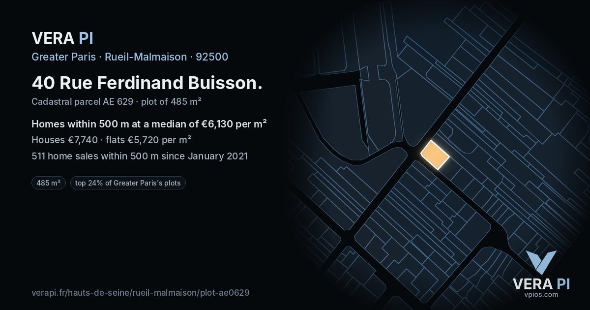 40 Rue Ferdinand Buisson, Rueil-Malmaison at night – the plot lit, the parcels around coloured by the prices near them