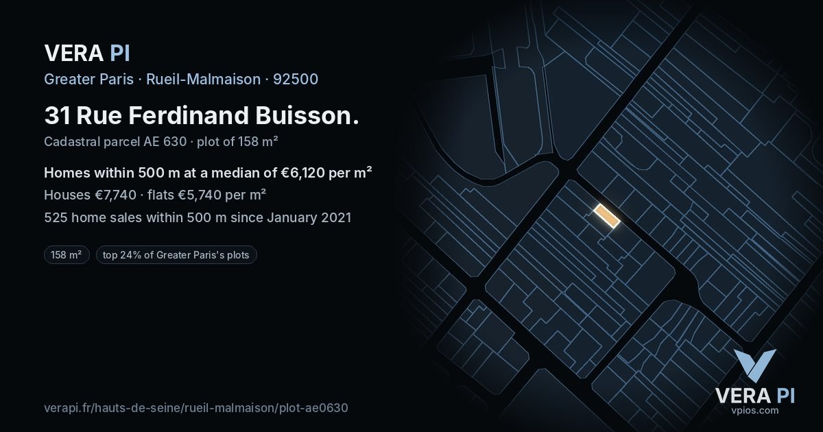 31 Rue Ferdinand Buisson, Rueil-Malmaison at night – the plot lit, the parcels around coloured by the prices near them