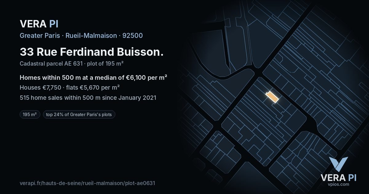 33 Rue Ferdinand Buisson, Rueil-Malmaison at night – the plot lit, the parcels around coloured by the prices near them