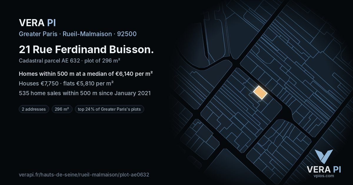 21 Rue Ferdinand Buisson, Rueil-Malmaison at night – the plot lit, the parcels around coloured by the prices near them