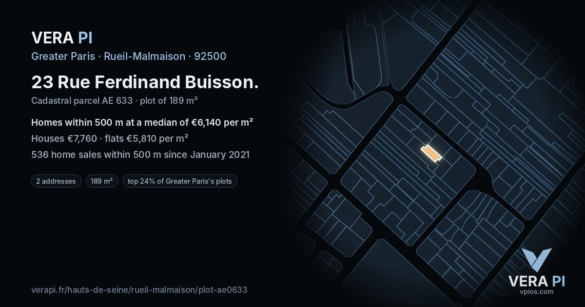 23 Rue Ferdinand Buisson, Rueil-Malmaison at night – the plot lit, the parcels around coloured by the prices near them
