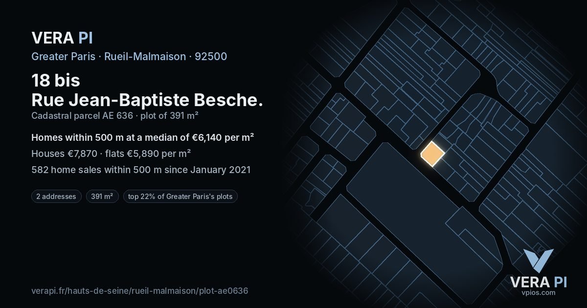 18 bis Rue Jean-Baptiste Besche, Rueil-Malmaison at night – the plot lit, the parcels around coloured by the prices near them