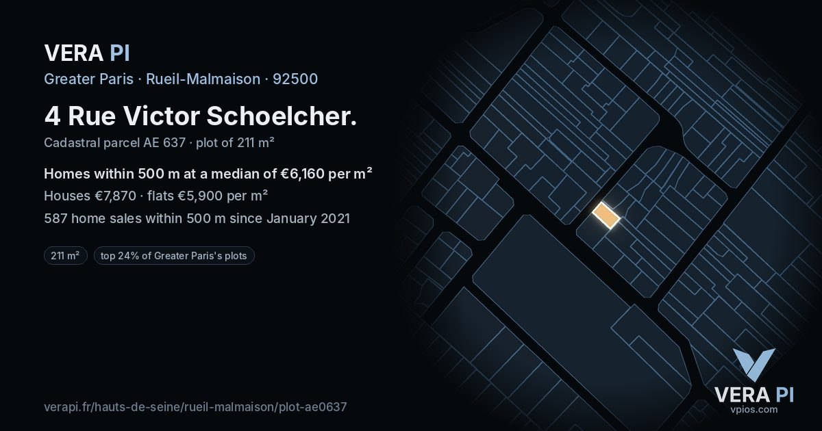 4 Rue Victor Schoelcher, Rueil-Malmaison at night – the plot lit, the parcels around coloured by the prices near them