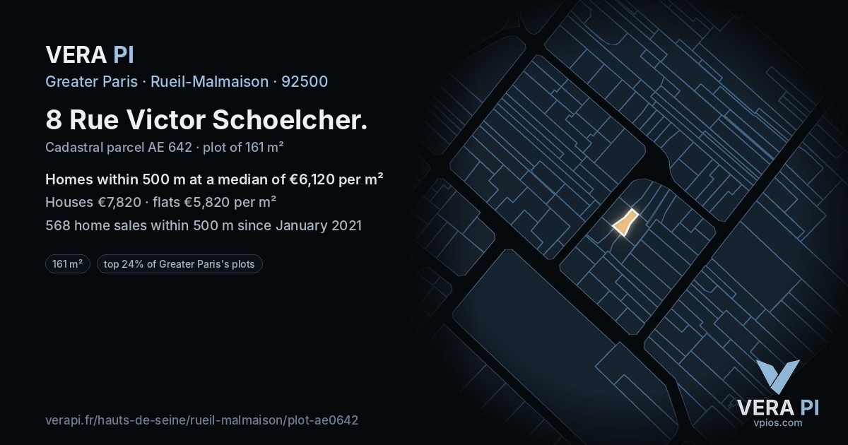 8 Rue Victor Schoelcher, Rueil-Malmaison at night – the plot lit, the parcels around coloured by the prices near them