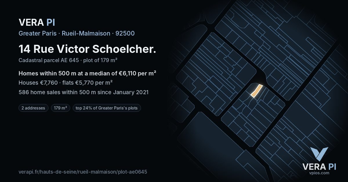 14 Rue Victor Schoelcher, Rueil-Malmaison at night – the plot lit, the parcels around coloured by the prices near them