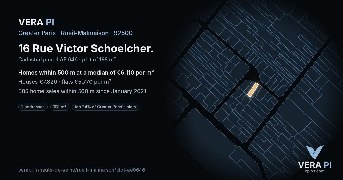 16 Rue Victor Schoelcher, Rueil-Malmaison at night – the plot lit, the parcels around coloured by the prices near them