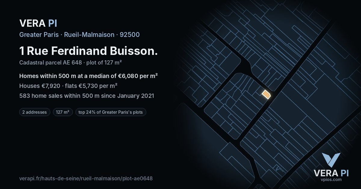 1 Rue Ferdinand Buisson, Rueil-Malmaison at night – the plot lit, the parcels around coloured by the prices near them